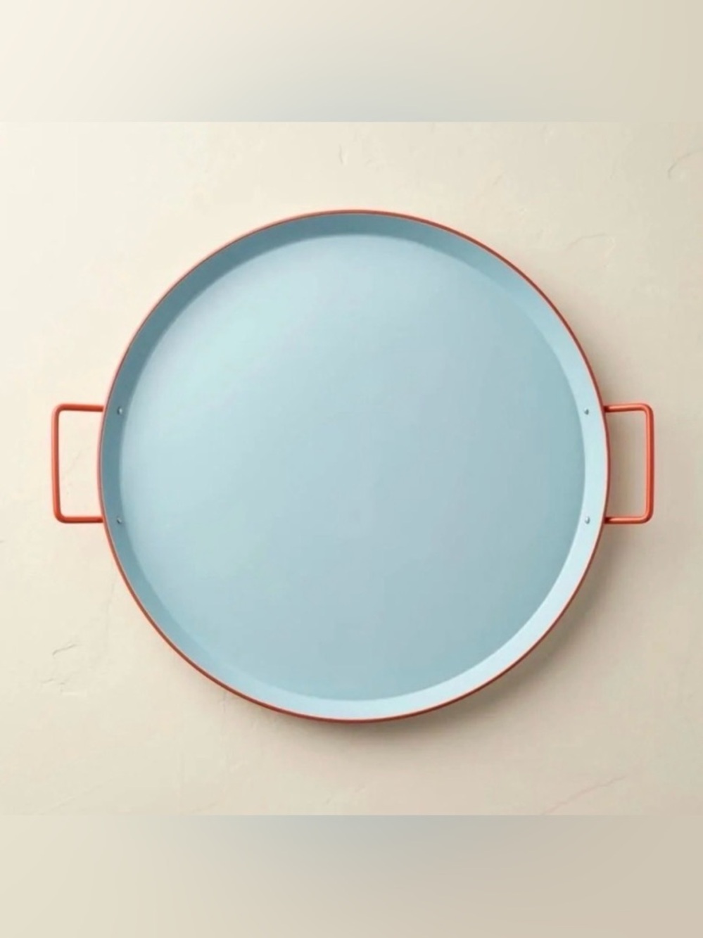 Hearth & Hand Round Metal Serving Tray in Sky Blue with Coral Rim 18in NWT